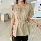 Puff-sleeve Shirred Top With Cord