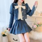Tie-neck Blouse / Set: Puff-sleeve Bow Accent Blazer + Pleated Mini Skirt
