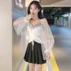 Sequined Camisole Top / Dotted Open Front Light Jacket / Mini Pleated Skirt / Set