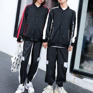 Couple Matching Contrast Trim Baseball Jacket / Sweatpants