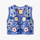 Flower Color Block Single-breasted Crochet Vest Blue & White & Green - One Size