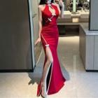 Halter Cut-out Frog-button Maxi Sheath Dress