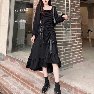 Square-neck Drawstring Midi A-line Dress