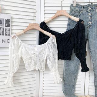 Boatneck Smocked-waist Crop Lace Top