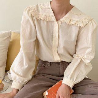 Lace Trim Collar Plain Blouse Almond - One Size
