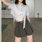 Short-sleeve Crop Shirt / Pleated Mini A-line Skirt