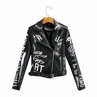 Faux Leather Lettering Zip Jacket