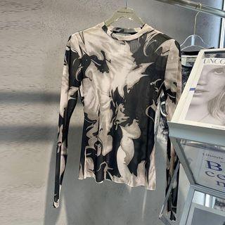 Long-sleeve Sheer Top White & Black - One Size