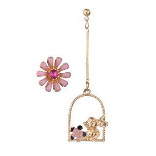 Non-matching Rhinestone Flower & Rabbit Dangle Earring