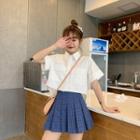 Short-sleeve Crop Shirt / Plaid Pleated Skirt