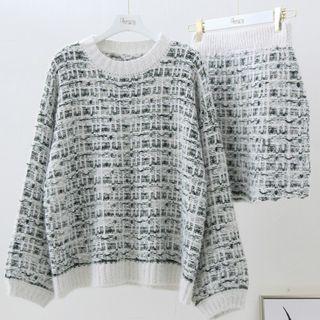 Plaid Sweater / Set : Plaid Sweater + Lattice Knit Skirt