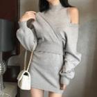 Set: Off-shoulder Cropped Knit Top + Sleeveless Mini Knit Dress