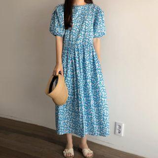 Flower Print Puff-sleeve Midi Shift Dress Blue - One Size