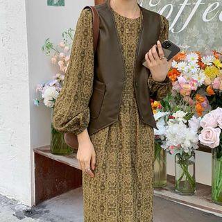 Long-sleeve Floral Print Midi A-line Dress / Buttoned Faux Leather Vest