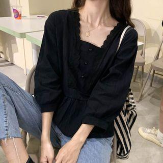 Square-neck Lace Ruched Long-sleeve Top