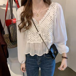 Long-sleeve Knit Panel V-neck Blouse White - One Size