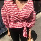 Plaid Wrap Blouse Red - One Size