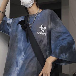 3/4-sleeve Tie Dye T-shirt Grayish Blue - One Size