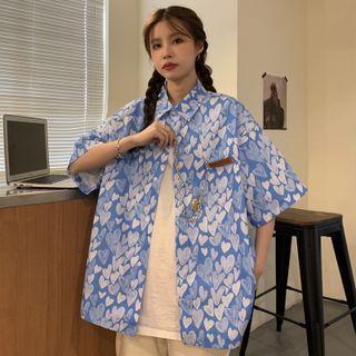 Elbow-sleeve Chain-accent Print Shirt