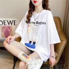 Elbow-sleeve Lettering Goose Print T-shirt