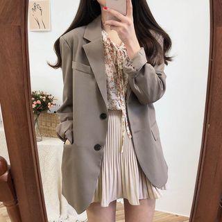 Floral Print Chiffon Blouse / Plain Blazer / A-line Skirt
