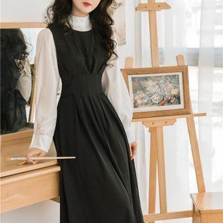 Set: Long-sleeve Mock-neck Blouse + Midi A-line Overall Dress