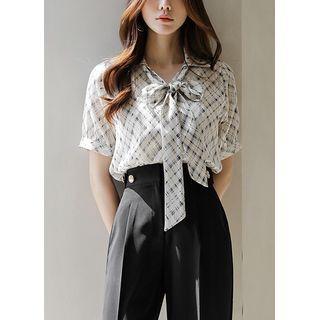 Collared Plaid Chiffon Blouse With Sash Beige - One Size