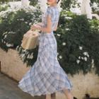 Cap-sleeve Plaid Midi A-line Dress