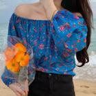 Long-sleeve Off-shoulder Floral Print Top Floral - Blue - One Size