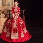 Set: Elbow-sleeve Embroidered Chinese Wedding Cheongsam + Maxi Skirt