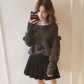 Set: Pompom-accent Sweater + Pleated Skirt