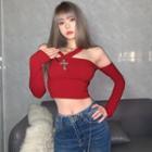 Off-shoulder Cross Accent Knit Crop Top