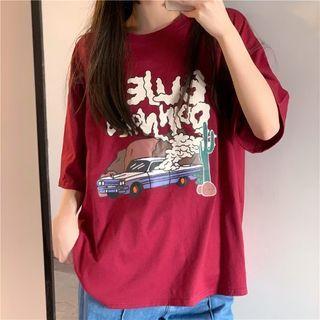 Short Sleeve Cartoon Print T-shirt Wine Red - One Size