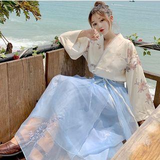 Traditional Chinese Long-sleeve Top / Flower Embroidered Midi Mesh A-line Skirt