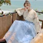 Traditional Chinese Long-sleeve Top / Flower Embroidered Midi Mesh A-line Skirt