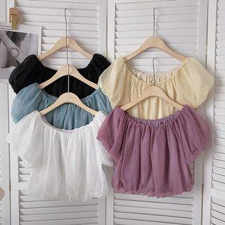 Short-sleeve Off-shoulder Plain Chiffon Blouse