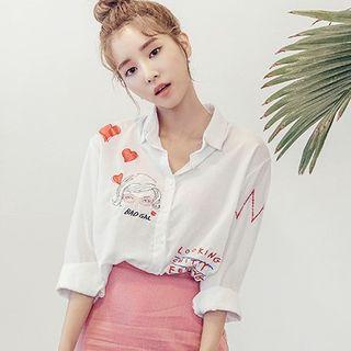 Long-sleeved Floral Print Embroidered Blouse