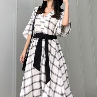 Elbow-sleeve Plaid Midi A-line Dress As Shown In Figure - One Size