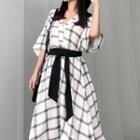 Elbow-sleeve Plaid Midi A-line Dress As Shown In Figure - One Size