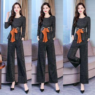 Set: Long-sleeve Tie-waist Top + Wide Leg Pants