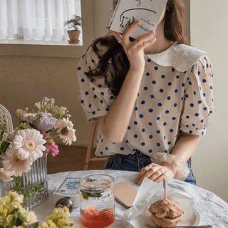 Contrast Scallop-collar Dotted Blouse