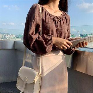 Tie-neck Raglan Balloon-sleeve Blouse