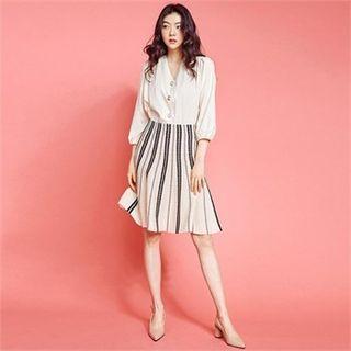 Stripe Knit Flare Skirt Beige - One Size