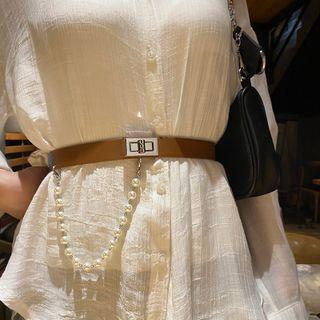 Faux Pearl Chained Faux Leather Belt