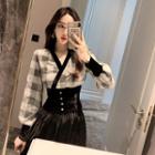 Plaid Long-sleeve Top / Velvet Skirt