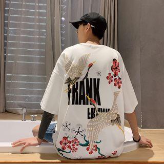Couple Mating Elbow-sleeve Crane Print T-shirt