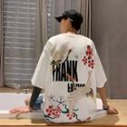 Couple Mating Elbow-sleeve Crane Print T-shirt