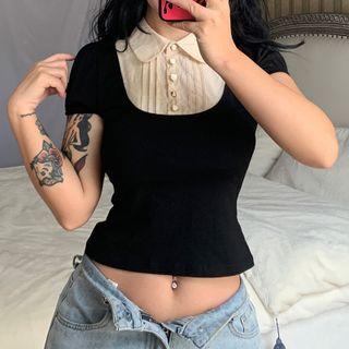 Short Sleeve Mock Two Piece Doll Collar Crop Top