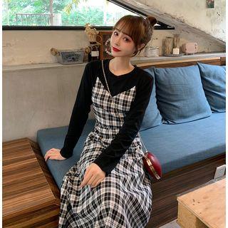 Long-sleeve Mock Two-piece Plaid Midi A-line Dress