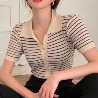 Short-sleeve Striped Knit Top Stripe - Navy Blue & Beige - One Size